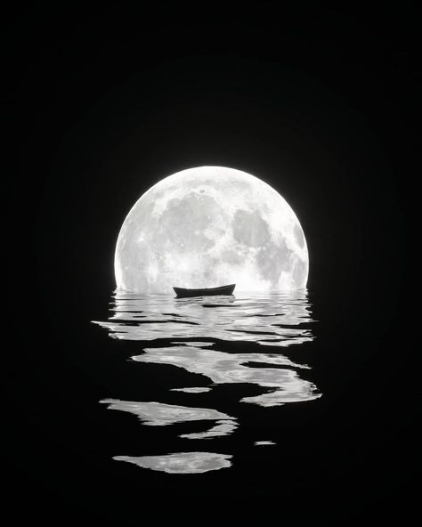 Moon Sea Painting, Sea Moon Aesthetic, Moon River Tattoo, Immortal Band, Moon Boat, Sketching References, Moon Over Water, Ring Around The Moon, River Tattoo