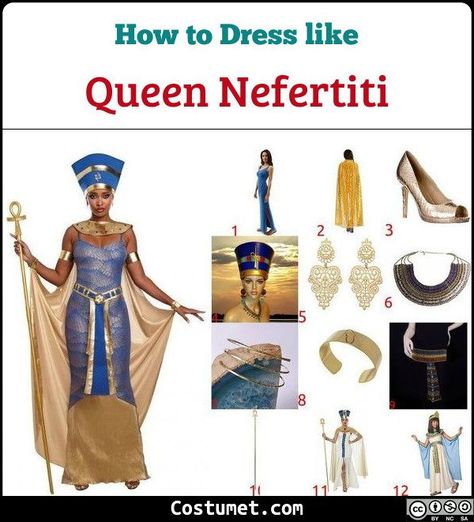 Nefertiti Halloween Costume, Nefertiti Costume Diy, Queen Nefertiti Costume, Gold And Blue Dress, Nefertiti Costume, Nefertiti Dress, Golden High Heels, Egyptian Queen Costume, Sheet Costume