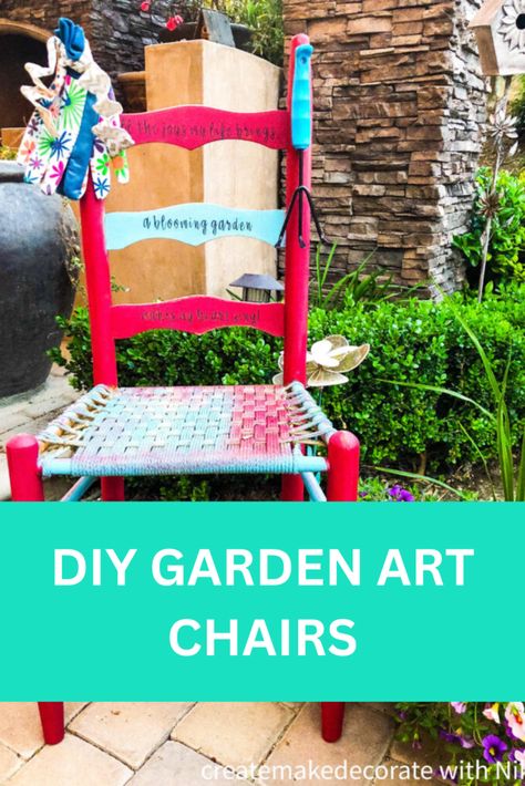 Painted Thrift Store Chair Ideas Whimsical Garden Art, Painted Chair, Spring Pillows, Turquoise Painting, Chair Ideas, Old Chairs, Painted Chairs, Art Chair, Whimsical Garden