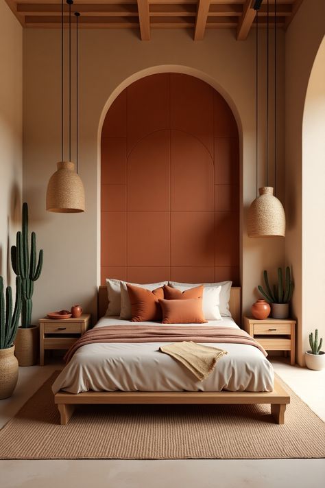 Turn your bedroom into a warm desert haven with sandy hues, terracotta tones, and natural wood furniture. 🧡✨ Cozy rattan lights and cactus-inspired decor bring this chic style to life. 🏜️ A perfect mix of comfort and elegance! #WarmBedroom #DesertAesthetic #ModernRustic Desert Aesthetic Interior, Modern Desert Bedroom, Desert Aesthetic Bedroom, Desert Aesthetic Home, Paint For Room, Terracotta Interior Design, Desert Interior Design, Pink Bedroom Modern, Desert Bedroom