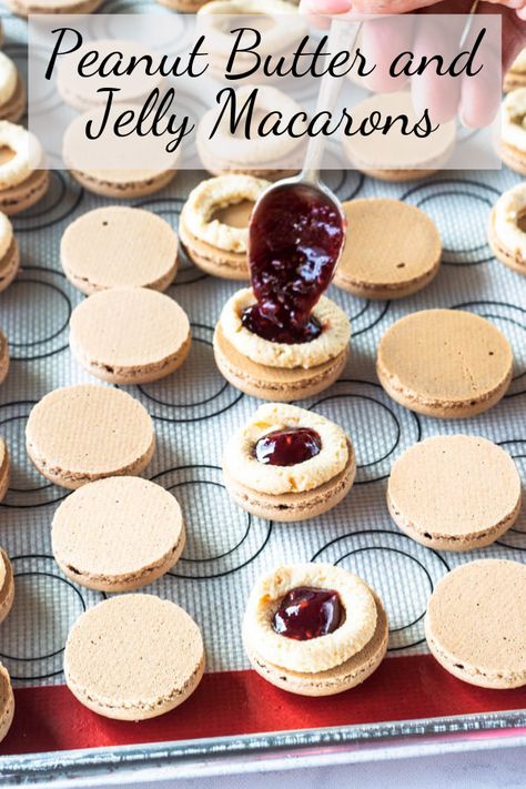 Peanut Butter and Jelly Macarons #peanutbutter #macarons #pbandj #pb&j #peanutbutterandjelly #frenchmacarons #macaron #glutenfree #cookies #cookie #fancy Pb And J Macarons, Peanut Butter And Jelly Macarons, Peanut Butter Jelly Macarons, Pb&j Macarons, Fancy Baking Recipes, Macaroons Filling, Fancy Macarons, Peanut Butter Macarons, Glutenfree Cookies