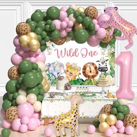 PRICES MAY VARY. 【VALUABLE PACK】Wild one birthday decorations kit include: 24pcs 12 inch sage and pink balloons,8pcs 12inch animal printed balloons, 10inch balloons(sage x 18pcs, Ivory x 10pcs, gold x 10pcs, pink x 18pcs,), 5inch balloons(sage X 15pcs, pink X 15pcs),32 inch pink number 1 balloons,2pcs animal foil balloons,59*40 Inches wild one backdrop,1pcs tablecolth,5pcs glues points and 1pc balloon chain. 【PREMIUM MATERIAL】Safari balloons arch kit are made of high-quality and Eco-Friendly nat Wild One Backdrop, Wild One Birthday Decorations, Safari Balloons, First Birthday Decorations Girl, Pink Balloon Arch, Safari Balloon, First Birthday Decor, Backdrop Pink, Balloons Arch