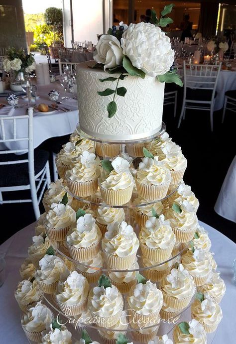 10 Super Cute Birthday Cupcake Tower Ideas - Alyce Paris Wedding Cake With Cupcakes, Cake With Cupcakes, Cupcake Tower Wedding, Cube Cake, Big Wedding Cakes, Cupcake Display, Wedding Cakes With Cupcakes, Cupcake Tower, Simple Wedding Cake