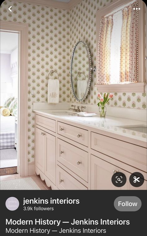 Girly Bathroom Inspiration, Girly Bathroom Wallpaper, Scallop Vanity, Pink Bathroom Cabinets, Bathroom Jack And Jill, Jack And Jill Bathroom Ideas, Jenkins Interiors, Pink Mum, Flower Bathroom