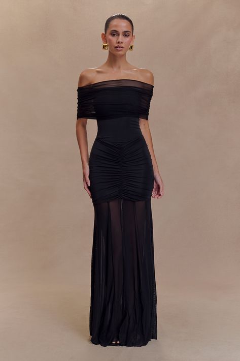 Caspian Slinky And Mesh Off Shoulder Maxi Dress - Black Black Elegant Long Dress, Black Mesh Gown, Meshki Black Dress, Black Moh Dress, Black Formal Wedding Guest Dress, Formal Black Tie Event Dresses, All Black Attire Party Night, Black Ethereal Dress, Formal Wedding Guest Dress Black