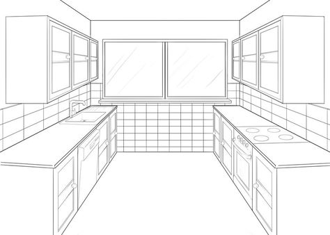 Kitchen Perspective Drawing, Perspective Drawing One Point, Drawing One Point Perspective, Kitchen Perspective, Room Perspective, Room Perspective Drawing, Perspective Grid, Perspective Room, Perspective Sketch