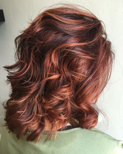 Rv base with copper/orange highlights Fall Hair Color Auburn, Orange And Red Highlights In Brown Hair, Copper Glaze On Brown Hair, Dark Hair Copper Highlights, Dark Copper Hair With Highlights, Dark Copper Highlights, Weaving Highlights, Copper Highlights On Dark Hair, Weave Highlights