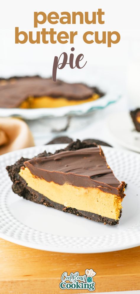 slice of chocolate peanut butter cup pie on plate Pb Chocolate Dessert, Make Ahead Chocolate Desserts, Chocolate Peanut Butter Pie No Bake, Chocolate Peanut Butter Pie Recipe, Peanut Butter Pie With Oreo Crust, Peanut Butter Fudge Pie, Fall Desserts Thanksgiving, Peanut Butter Cup Pie, No Bake Peanut Butter Pie