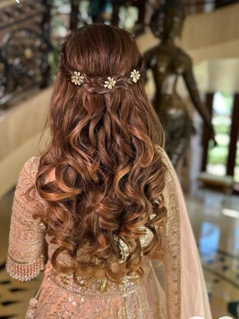 Engagement Bridal Hairstyles, Hairstyle For Engagement, Hairstyles For Engagement, Hairstyle For Brides, Engagement Hairstyle, Lehenga Look, Mehndi Hairstyles, Hair Style On Saree, Half Updo Hairstyles