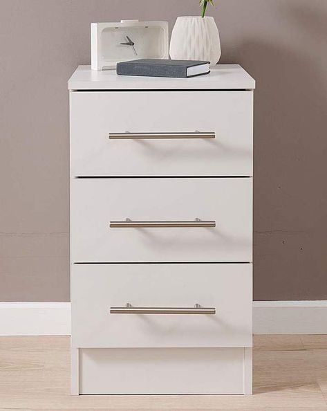 Helsinki Three Drawer Bedside Cabinet. A modern stylish bedroom range featuring metal handles on all units and metal drawer runners. Made in the UK. Self-assembly required. #affiliate Drawer Handles Ideas Bedrooms, Drawer Handles Ideas, Dressing Mirrors, Nightstand Decor, 3d Art Drawing, Modern Deco, Classic Clothing, Drawer Runners, Dressing Mirror