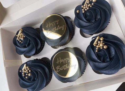 Mens Cupcakes Birthday, Black And Blue Cupcakes, Navy Blue And Gold Cupcakes, Dark Blue Cupcakes, Masculine Cupcakes, Navy Blue Cupcakes, Prom Cupcakes, Birthday Cupcakes Ideas For Men, Blue Wedding Cupcakes