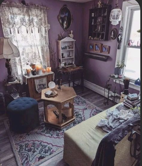 Purple Witchy Living Room, Black And Lilac Room, Plum Purple Room, Blue And Purple Walls, Purple Witchy Room, Vintage Purple Room, Dark Purple Living Room Walls, Lavender Room Decor Ideas, Whimsigothic Living Room