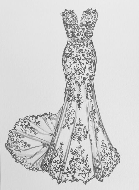 Wedding Dress Illustration Hand Painted Wedding Dress | Etsy Wedding Dress Drawing, Hand Painted Wedding Dress, Custom Wedding Dress Sketch, Painted Wedding Dress, Wedding Dress Drawings, Wedding Dress Illustrations, Lace Drawing, Wedding Dress Sketches, Handmade Illustration