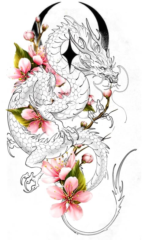 Yakuza Dragon Tattoo Japanese Style, Japanese Dragon Flower Tattoo, Dragon With Flowers Tattoo Designs, Dragon Flowers Tattoo Design, Large Dragon Tattoo For Women, Flower Tattoo Designs Sketches, Traditional Japanese Tattoos Dragon, Dragon With Cherry Blossom Tattoo, Dragon Cherry Blossom Tattoo