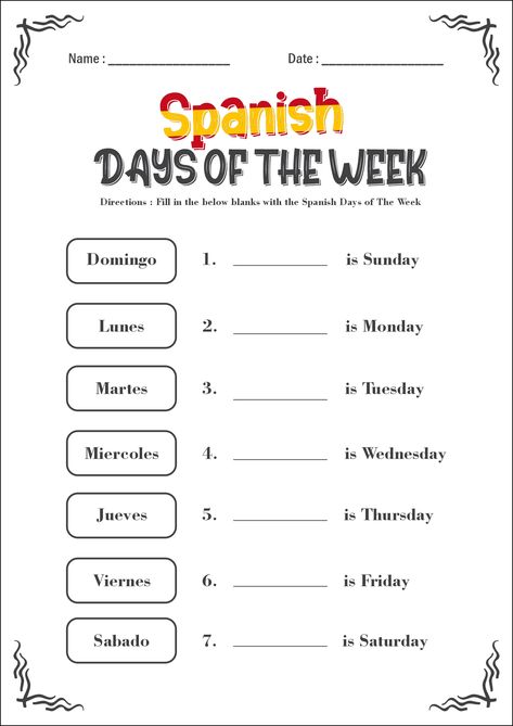 Spanish Days of the Week Worksheets Printable Kindergarten Spanish Worksheets, Spanish Worksheets Beginner, Spanish Worksheets For Kids Printables, Spanish Words For Kids, Spanish Practice Worksheets, Spanish Days Of The Week, Teaching Spanish To Kids, Months In Spanish, Beginner Spanish Lessons