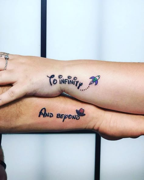 🚀 To infinity and beyond. . . . #10years #10yearstogether #toystory #toystorytattoo #disney #pixar #tattoo #coupletattoos… Couple Tats, Matching Disney Tattoos, Disney Couple Tattoos, Him And Her Tattoos, Couple Tattoos Love, Maching Tattoos, Matching Friend Tattoos, Tattoo Thoughts, Matching Tats