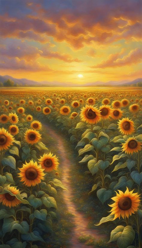 Painting of a Path through sunflower field - AI creation Sunflower Field Illustration, Sunflower Digital Art, Sunflower Field Painting, Heaven Painting, Art Deco Paintings, Sunflowers Background, Sunflower Wallpaper, Sunflower Field, Sunflower Painting