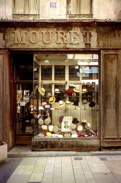 French Buildings, Shop Facade, Hat Display, Hat Stores, Store Windows, Shop Fronts, Shop Front, Shop Window Displays, Window Displays