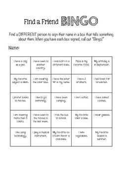 A great first day of school activity to help your students get to know one another.   This file includes a color and black and white version. Find A Friend Bingo, Friend Bingo, First Day Of School Activity, Chocolate Cream Cake, Arts Management, First Day Of School Activities, School Activity, School Grades, Kid Activities