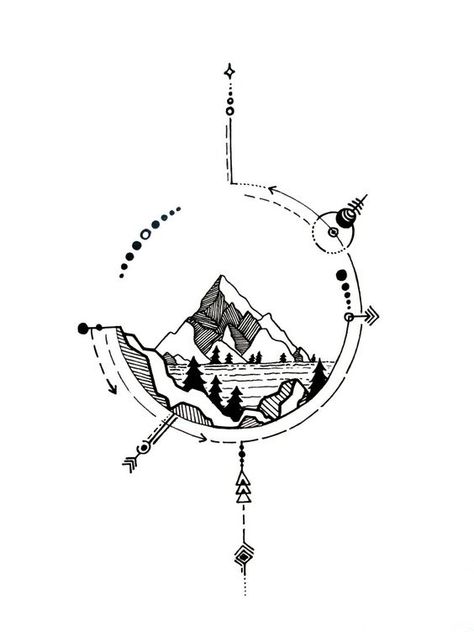 mountain compass Tattoo Mountain, 심플한 그림, White Drawing, Mountain Tattoo, Mountain Travel, Desenho Tattoo, Nature Tattoos, Black And White Drawing, Trendy Tattoos