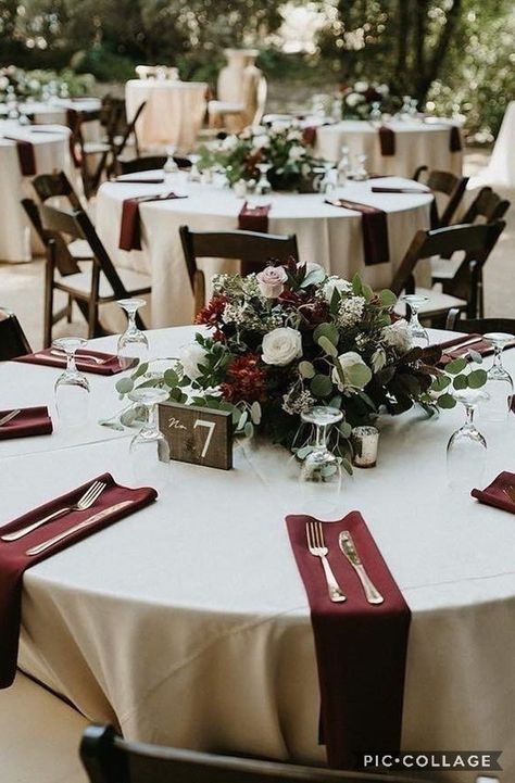 Dark Red Wedding Table Decorations, Red Table Linens Wedding, White Green And Burgundy Wedding Flowers, Red And Green Wedding Table Decor, Sage Green And Burgundy Wedding Wedding Table Decor, Burgundy And White Flower Centerpieces, Burgundy Winter Wedding Decor, Burgundy Theme Wedding Reception, Round Burgundy Wedding Tables