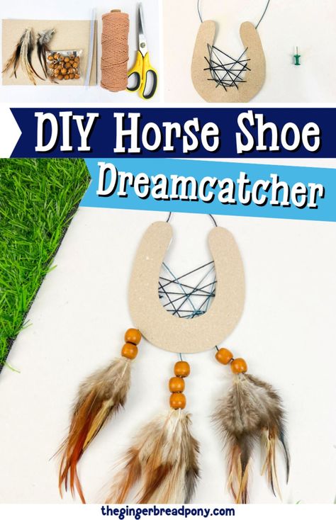 This fun DIY idea puts a distinctly equestrian spin on a traditional decoration. Follow the on our blog to make a horseshoe dreamcatcher. You can use a real horseshoe if you have access to one, or construct a "shoe" from cardboard! These crafts would be a great option for a summer camp or rainy day art activity for all ages! #horses #equestrian #dreamcatcher #craft #diy #thegingerbreadpony Western Day Activities, Cowboy Day Activities, Horse Dream Catcher, Cowboy Crafts For Kids, Western Crafts For Kids, Horse Camp Crafts, Horse Camp Activities, Western Activities, Horse Crafts For Kids