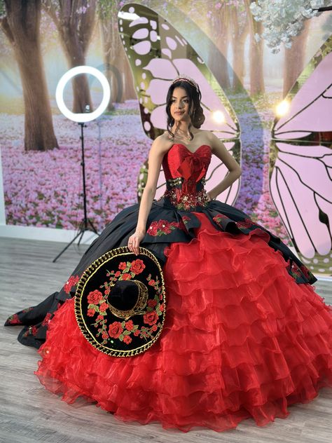 The Book Of Life Quinceanera Theme, Book Of Life Theme Quince, Red And Blue Quinceanera Theme, Black And Red Quince Dress, Charro Quince Theme, Book Of Life Quinceanera, Book Of Life Quinceanera Theme, Traditional Quinceanera Dresses Mexican, Red Charro Dress