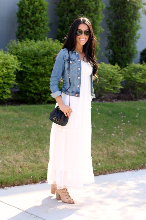 White Maxi Long White Dress Outfit Casual, White Full-length Maxi Dress For Spring, White Maxi Dress With Denim Jacket, White Dress Jean Jacket, H&m White Maxi Dress For Daywear, White Casual Maxi Dress With 3/4 Sleeves, White Maxi Dress Outfit, Maxi Dress With Jacket, H&m White Beach Maxi Dress