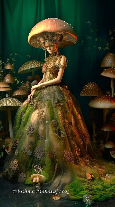 Magic Mushroom Costume, Mushroom Fairy Costume Aesthetic, Gothic Mushroom Costume, Fungi Inspired Fashion, Fungi Inspired Dresses, Mushroom Cosplay, Vishma Maharaj, Black Fae, Mascarade Ball