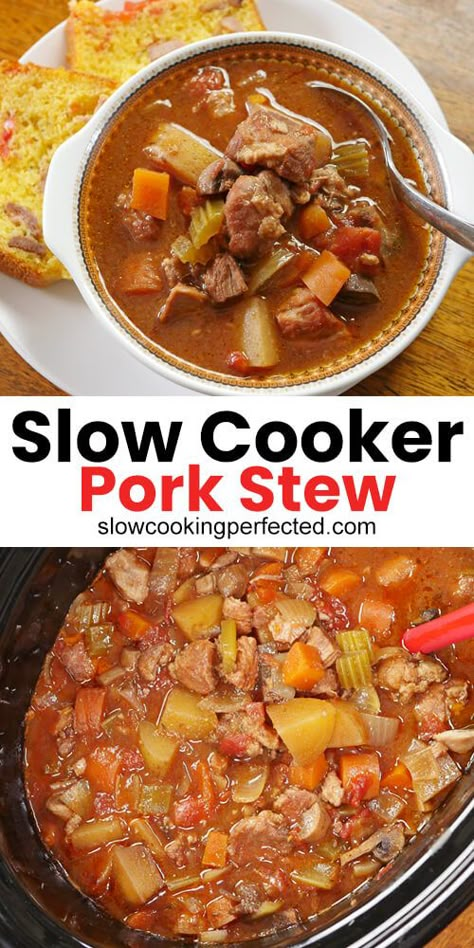 One of the most delicious slow cooker pork stews that you can make. Pork Stew Slow Cooker, Pork Stew Meat Recipes, Pork Stew Meat, Fall Slow Cooker Recipes, Pork Stew Recipes, Slow Cooker Recipes Pork, Slow Cooker Stew, Stew Meat Recipes, Pork Stew