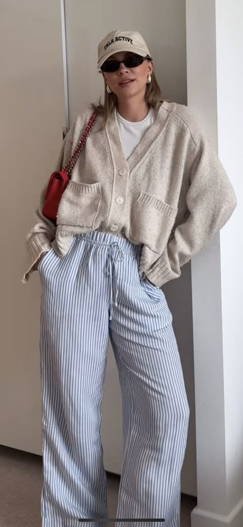 Linen Pant Winter Outfit, Winter Costal Granddaughter, Late September Outfits, Blue Stripe Pants Outfit, Blue Striped Linen Pants Outfit, Striped Pants Outfit Aesthetic, Warm Vacation Outfits, Linen Pants Outfit Spring, International Flight Outfit