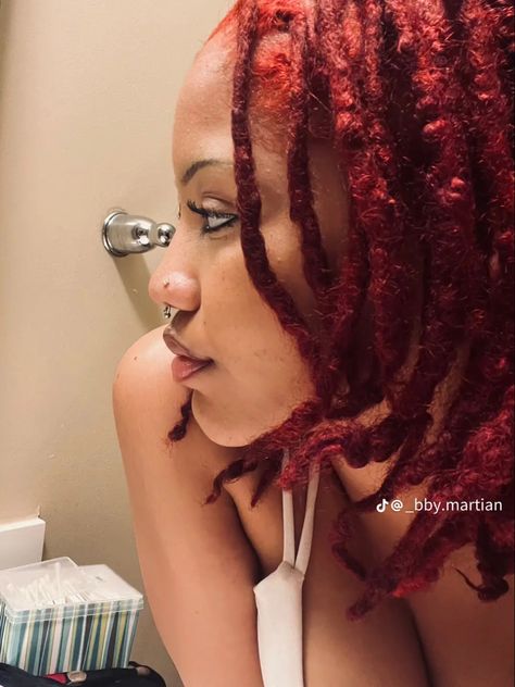 Red And Brown Locs, Reddish Brown Locs, Red Locs On Dark Skin Women, Red Locs Black Women Weave, Dark Red Locs, Orange Red Locs Black Women, Red And Black Dreads Black Women, Colored Hair Roots, Red Dreadlocks