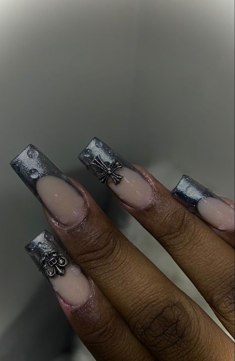 Silver Bubble Nails, Bubble Nails, Grunge Nails, Silver Nails, Chrome Hearts, Heart Nails, Chrome Nails, Square Nails, Best Acrylic Nails