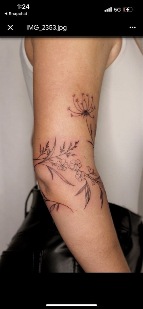 Back Of Arm Wrap Around Tattoo, Floral Thigh Wrap Tattoo, Floral Vine Wrap Around Tattoo, Flower Wrap Around Tattoo Upper Arm, Small Wrap Around Tattoo, Upper Arm Cuff Tattoo, Wrap Around Elbow Tattoo, Upper Arm Wrap Tattoos For Women, Wrap Around Bicep Tattoo Women