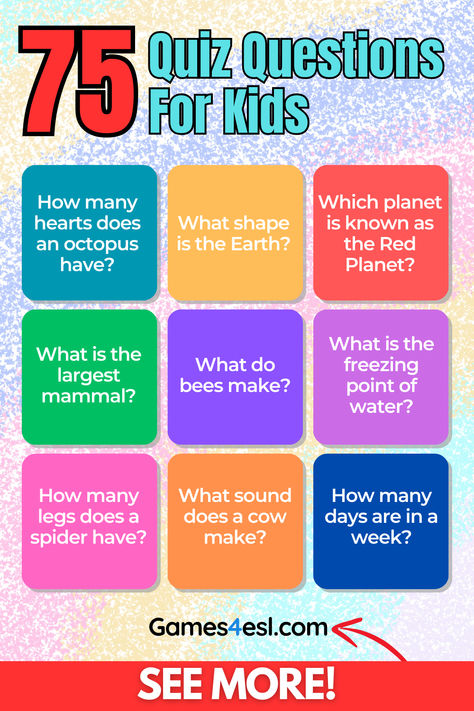 Here are 75 fun quiz questions for kids – some easy, some hard, and some just plain silly! All the quiz questions have answers, so if you’re making your own trivia, we’ve got you covered. Check them out! Trivia Questions For Kids With Answers, Quiz Questions And Answers For Kids, Trivia Questions And Answers For Kids, Kids Trivia Questions And Answers, Quiz Questions For Kids, Kids Trivia Questions, Fun Trivia Questions And Answers, Fun Quiz Questions And Answers, Kids Quiz Questions