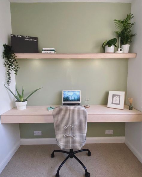 Mint Green Office Walls, Mint Home Office, Sage Accent Wall Office, Sage Green Study Room, Sage Office Decor, Light Sage Green Room, Sage Green Office Decor, Mint Green Bedroom Aesthetic, Sage Green Study