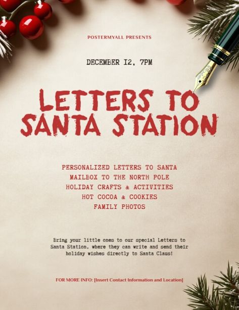 Letters To Santa Station Flyer (us Letter) | PosterMyWall Santa Breakfast, Santa Graphic, Hot Cocoa Cookies, Event Poster Template, Linkedin Background Image, Letters To Santa, Special Letters, Kindle Book Cover, Letter To Santa