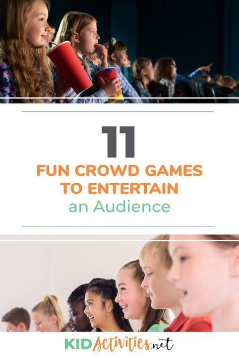 A collection of fun crowd games to entertain an audience. These can make for great transition ideas in-between performances, great party games for big groups of kids, or any event you may need to entertain a large audience of kids. #kidactivities #kidgames #activitiesforkids #funforkids #ideasforkids Party Bus Games, Games For Big Groups, Vbs Games, Kids Having Fun, Large Group Games, Group Games For Kids, Games To Play With Kids, Event Games, Bus Games