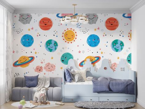 Colorful Nursery, Wallpaper Colorful, Kids Room Paint, Room Wall Painting, Planets Wallpaper, Nursery Colors, Nursery Wallpaper, Cozy Nook, Painted Doors