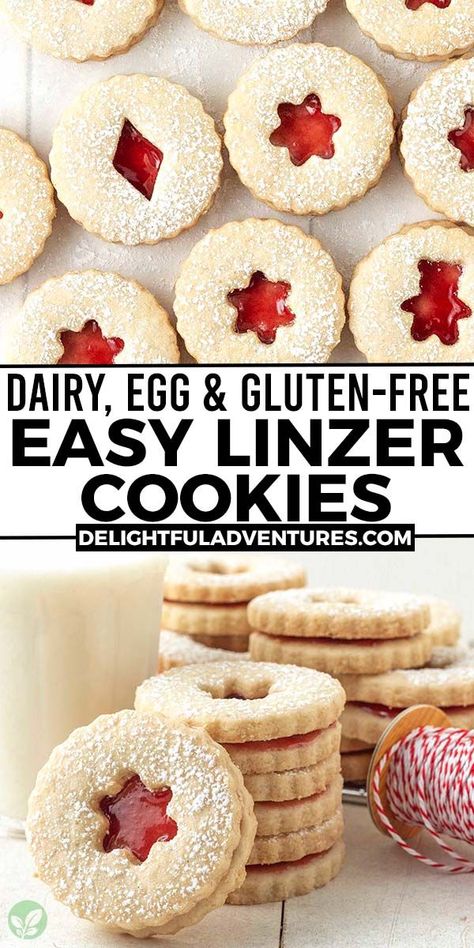 Two images of Linzer cookies, text says dairy, egg, and gluten-free easy Linzer cookies. Gluten Free Jam Cookies, Gluten Free Linzer Cookies, Dairy Free Christmas Cookies, Nut Free Cookies, Nut Free Desserts, Gluten Free Christmas Recipes, Easy Vegan Cookies, Vegan Gluten Free Cookies, Vegan Christmas Cookies