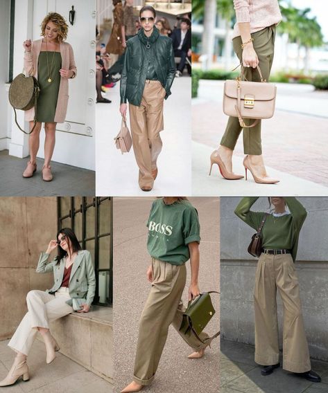 Beige-Go-With-Green-Clothes Olive Green Shirt Outfit Women Work, Beige And Olive Green Outfit, Olive Green Blouse Outfit, Khaki Shirt Outfit Women, Green And Tan Outfit, Beige And Green Outfit, Shades Of Green Outfit, Light Green Pants Outfit, Green And Beige Outfit