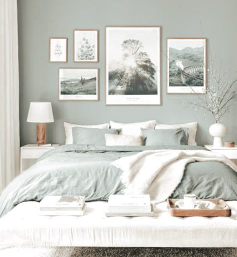 Grey Bedroom Rug Ideas, Chilled Bedroom Ideas, Light Mint Green Bedroom, Bedroom Pastel Green, Sage Bedroom Decor, Grey Bedroom Wall Decor, Bed Gallery Wall, Pastel Green Bedroom, Sage Green Boho Bedroom