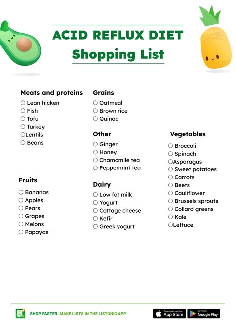 Acid Reflux Diet Food List (+ Shopping List and PDF) - Listonic Gastroesophageal Reflux Diet, Foods Good For Acid Reflux Diet, Reflux Friendly Meals, Food For Acid Reflux Diet, Foods To Avoid For Acid Reflux Gerd Diet, Foods For Acid Reflux Diet, Acid Watchers Diet, Anti Reflux Diet, Liver Shrinking Diet