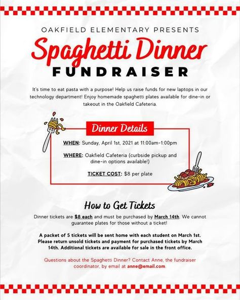 Spaghetti Dinner Fundraiser Ideas, Spaghetti Dinner Fundraiser, Car Wash Fundraiser, Dance Fundraisers, Raffle Ideas, Community Fundraiser, Travel Ball, Pta Fundraising, Pta Ideas