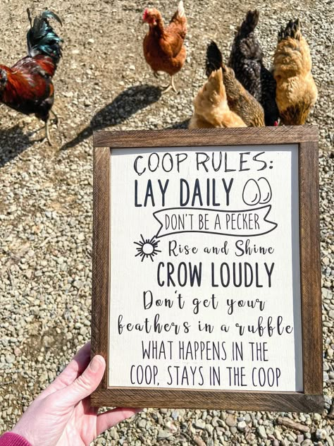 Chicken Coop Signs Ideas Diy, Cricut Chicken Coop Signs, How To Decorate A Chicken Coop, Welcome To The Coop Sign, Duck Coop Decor, Chicken Coop Bulletin Board, Diy Chicken Coop Decor Ideas, Painting A Chicken Coop, Chicken Coop Signs Ideas Funny