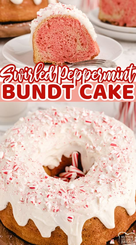 Swirled Peppermint Bundt Cake is a simple, from scratch cake recipe flavored with peppermint and topped with a thick, creamy glaze. Beautiful peppermint cake recipe that is absolutely delicious too! Peppermint Cake Recipe, Peppermint Bundt Cake, Christmas Bundt Cake, Peppermint Cake, Yummy Deserts, Peppermint Candy Cane, Desserts Christmas, Cake Recipes From Scratch, Bundt Cakes Recipes