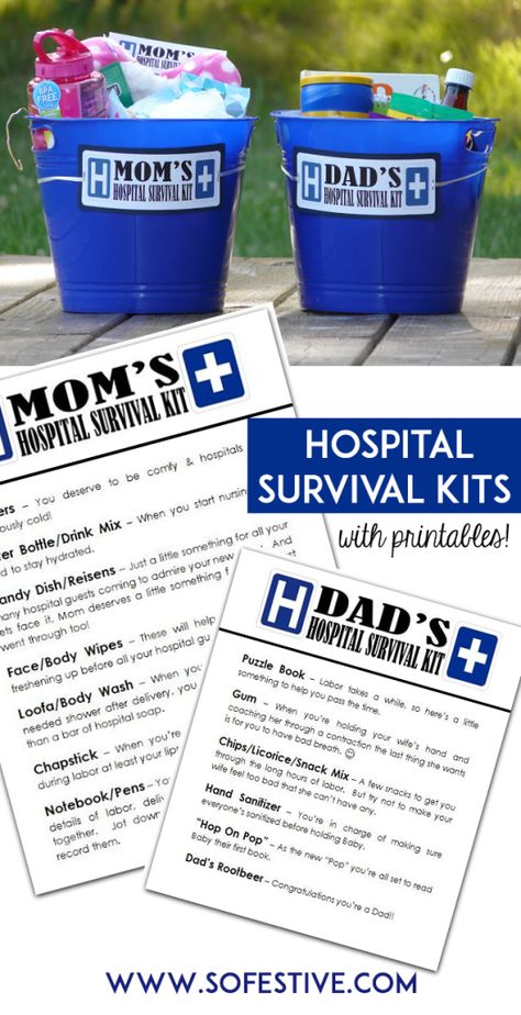 Gifts for New Moms and Dads - Hospital Survival Kits - So Festive! Mommy Hospital Bag Gift, Hospital Survival Kit, Parent Survival Kit, Mom Survival Kit, Survival Kit Gifts, Care Basket, Baby Shower Gift Basket, Diy Baby Shower Gifts, Survival Kits