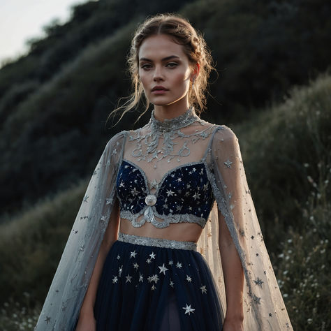 North Star Costume, Acotar Night Court Fashion, Celestial Ball Gown, Celestial Outfit Aesthetic, Celestial Dress, Museum Fashion, Moon Dress, Fairytale Fashion, Fantasy Dresses