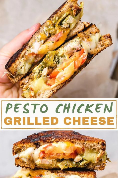 Chicken Pesto Grilled Cheese, Chicken Bacon Pesto Sandwich, Chicken Pesto Sandwich Recipe, Grilled Cheese With Chicken, Pesto Chicken Sandwich, Chicken Grilled Cheese, Homemade Basil Pesto, Chicken Pesto Sandwich, Pesto Bread