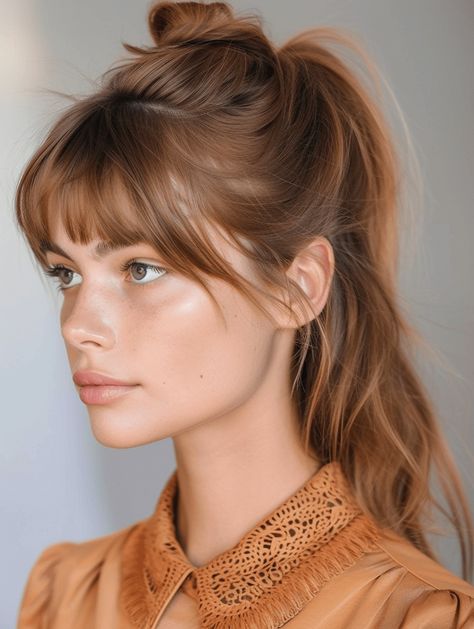 30 Charming Ponytails with Bangs: A 2024 Style Guide Chunky Fringe Bangs, Hair Bangs Style Ideas, Linda Cardellini Bangs, Short Bangs Ponytail, Best Haircuts For Glasses Wearers, Bangs Bridesmaid Hair, Long Bob Hairstyles Fringe, Half Up Half Down With Fringe, Middle Part Fringe Bangs